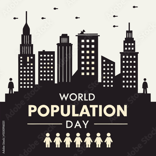 World Population Day Illustration: Conceptual illustration for World Population Day featuring a city skyline and stylized human figures, symbolizing the global population in a world-themed event.