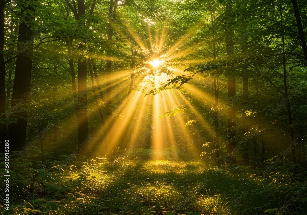Fototapeta premium Photo Sunlight Peeking Through Dense Green Forest Canopy with Golden Rays