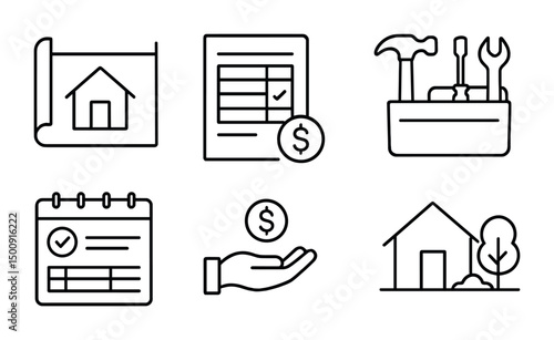 Home renovation and budget planning icons for construction and design projects