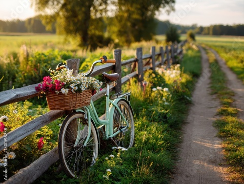 Bicycle with wicker basket of flowers in serene countryside