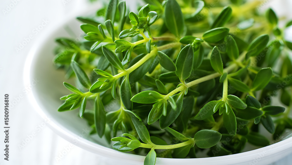 Fresh Thyme Sprigs in White Bowl, Close-up Fresh Thyme Sprigs in White Bowl, Close-up