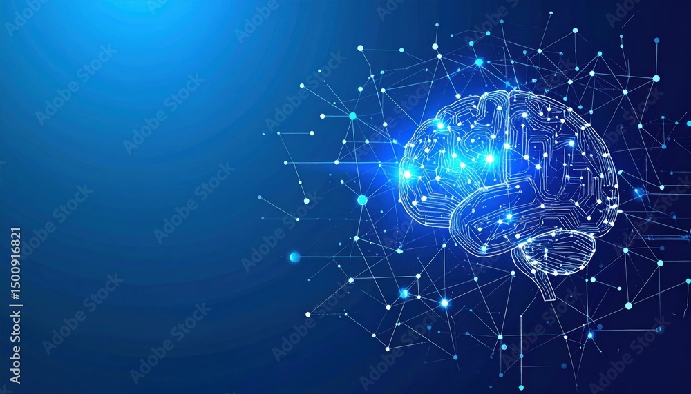 Fototapeta premium Glowing brain silhouette, digital network. Blue backdrop