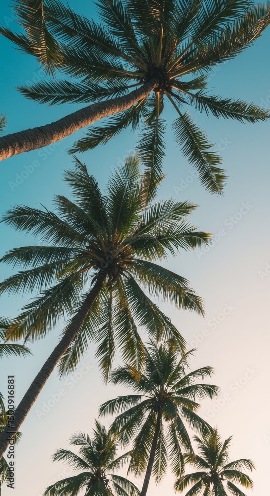 Fototapeta premium Photo Upward View of Palm Trees Reaching to the Blue Sky with Sunshine