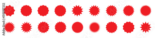 Zig zag wavy edge starburst circle shapes icon set. Red color classic abstract elements with jagged edges. Vector illustration of silhouette blank for sicker, label, tag, badge, stamp, etc. 