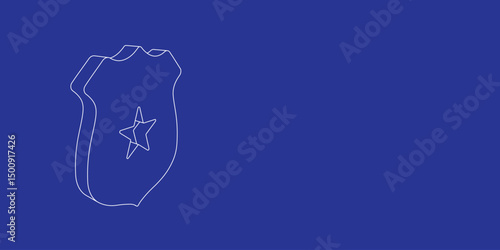 The outline of a large police badge symbol made of white lines on the left. 3D view of the object in perspective. Vector illustration on indigo background