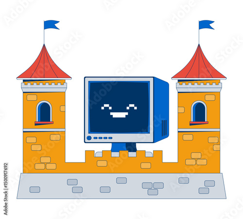 Computer protection 2D illustration concept. Cybersecurity stronghold firewall. CRT monitor protected in digital fortress towers cartoon composition isolated on white. Flat abstract vector metaphor