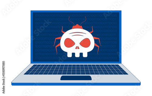 Virus computer bug on laptop 2D illustration concept. Cybersecurity threat. System hacking. Digital danger. Malware cyber infection cartoon composition isolated on white. Flat abstract vector metaphor