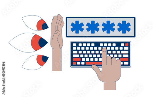 Password protection 2D illustration concept. Data security, privacy. Cybersecurity. Shielding typing keyboard from prying eyes cartoon composition isolated on white. Flat abstract vector metaphor