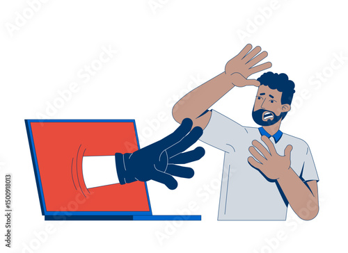Cyberattack threatening frightened user 2D illustration concept. Cyber criminal hand reaching from laptop toward scared black man cartoon character isolated on white. Flat abstract vector metaphor
