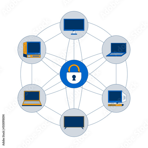 Safe network of connected devices 2D illustration concept. Endpoint security. Encryption computers. Cybersecurity padlock cartoon composition isolated on white. Flat abstract vector metaphor