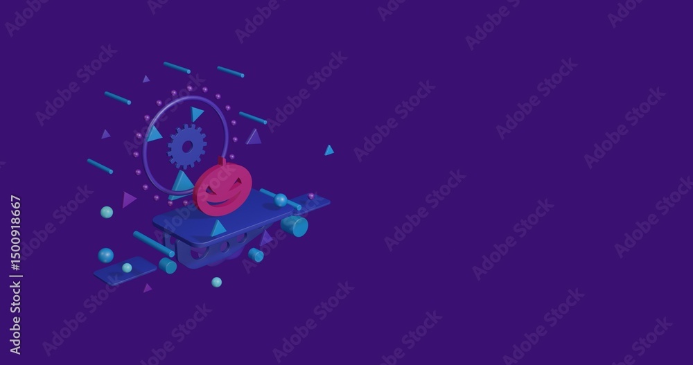 Fototapeta premium Pink halloween pumpkin symbol on a pedestal of abstract geometric shapes floating in the air. Abstract concept art with flying shapes on the left. 3d illustration on deep purple background