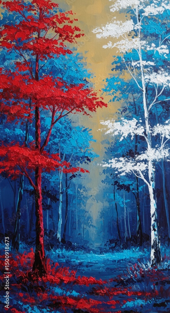 Naklejka premium Pixelated Forest Illustration with Red White and Blue Trees on Abstract Background