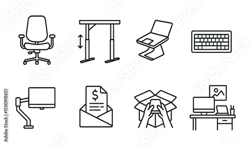 Workspace essentials: ergonomic desk and chair icons for office design and organization
