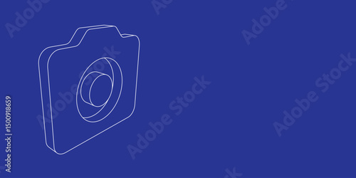 The outline of a large photo camera symbol made of white lines on the left. 3D view of the object in perspective. Vector illustration on indigo background