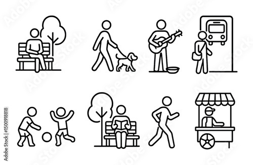Urban life scenes: walking, playing, relaxing, and commuting in the city