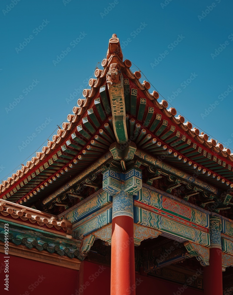 Ancient Chinese building's eaves and gables aerial view with colorful roof patterns and red pillar, contrasting blue sky and green architecture highlighting symmetry Ancient Chinese building's eaves and gables aerial view with colorful roof patterns and red pillar, contrasting blue sky and green architecture highlighting symmetry