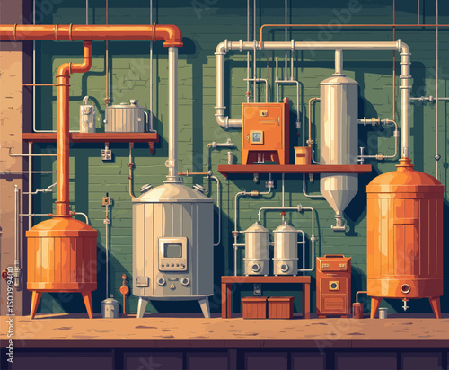 Industrial Brewery Setup with Copper Pipes and Vintage Equipment