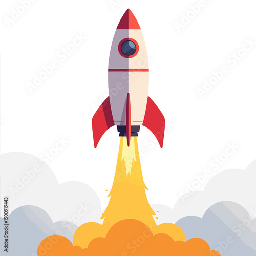 Launching Rocket in Cloudy Sky with Bright Flame