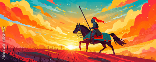 Knight's Journey: Sunset Ride Across Golden Plains