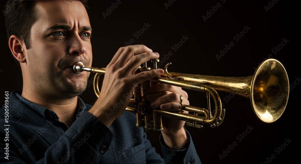 Obraz premium Portrait Of A Man Playing Trumpet In Gold With Dark Background Photo