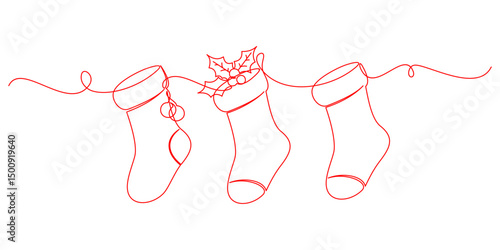 Christmas sock sets with red line art style. illustration vector with transparent background.