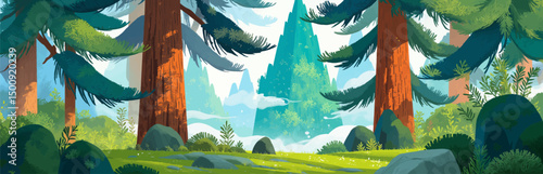 Lush Forest Glade with Towering Trees and Sunlit Path