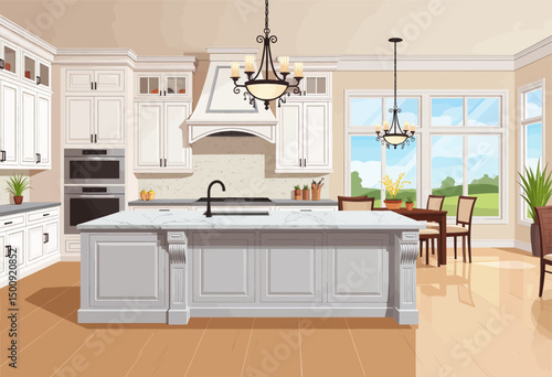 Luxurious Kitchen with Marble Island and Chandeliers