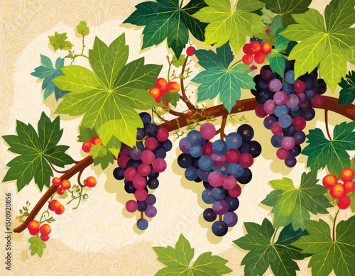 Lush Vineyard Harvest with Grapes and Leaves