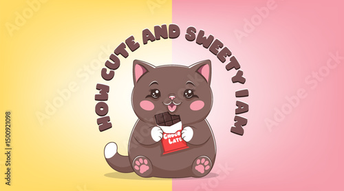 Vector cartoon chubby beautiful sitting brown kitten eats a chocolate bar. Inscription, How cute and sweet I am. Cuddly toon domestic kind plump cat.