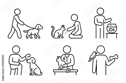 Pet care activities for dogs, cats, birds, and fish in line art design