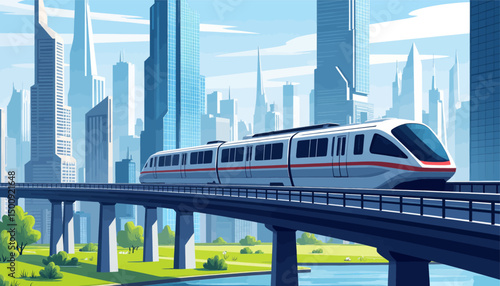 Modern Bullet Train Over Bridge in Futuristic Cityscape