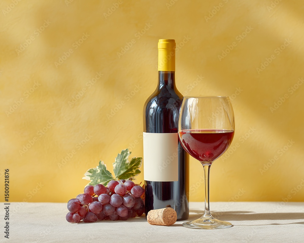 Obraz premium Vibrant Red Wine Bottle with Glass and Grapes on Yellow Background