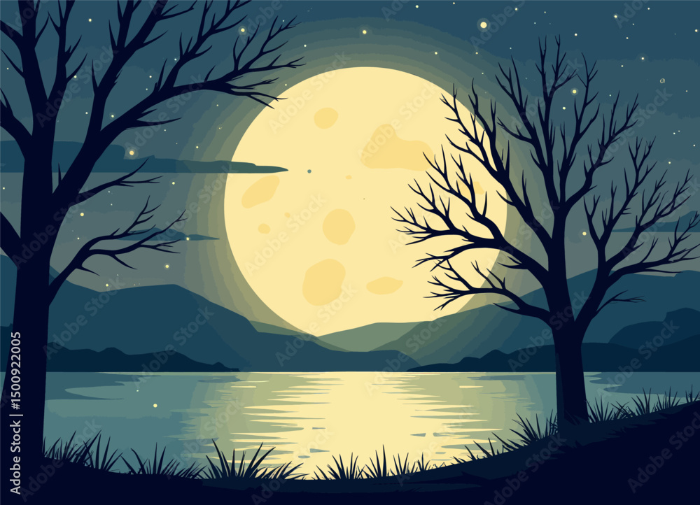 Moonlit Lake Reflection in Autumnal Forest Moonlit Lake Reflection in Autumnal Forest