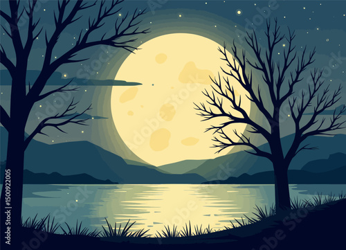 Moonlit Lake Reflection in Autumnal Forest