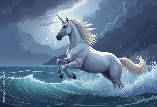 Mythical Unicorn Galloping Through Stormy Seas
