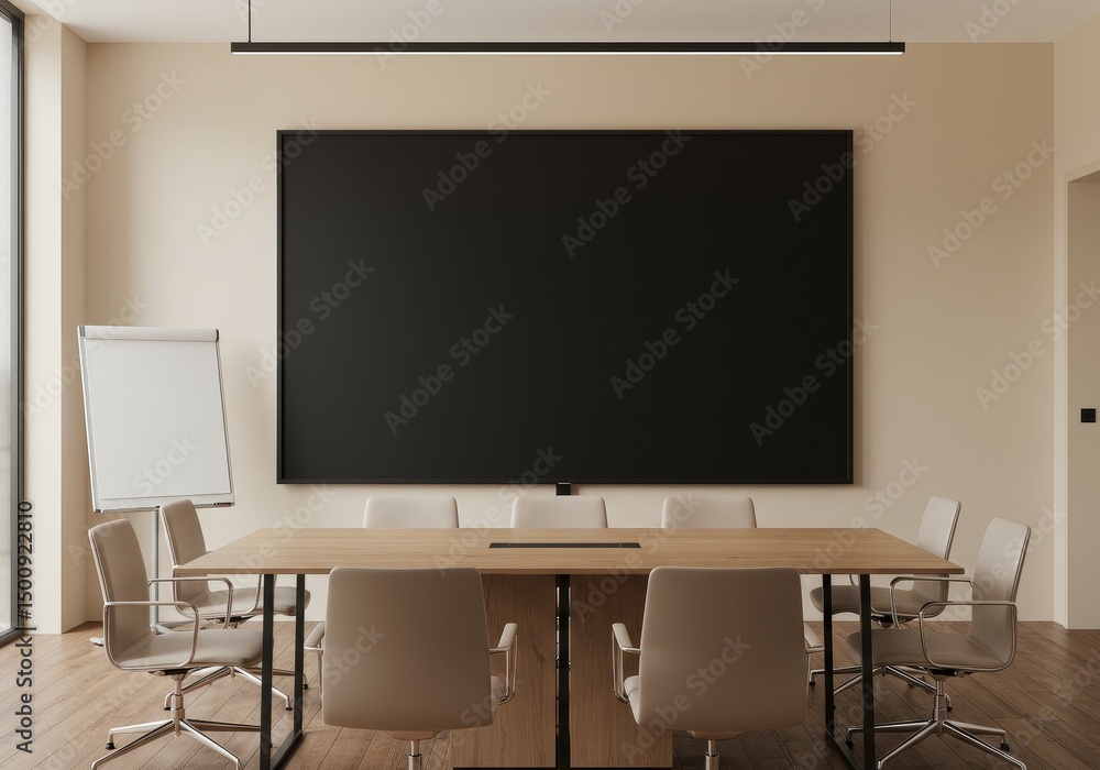 Realistic Photo of Modern Empty Meeting Room Featuring Conference Table Chairs and Blank Black Screen Realistic Photo of Modern Empty Meeting Room Featuring Conference Table Chairs and Blank Black Screen