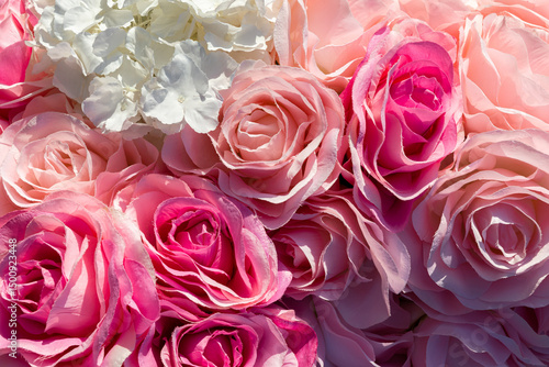 Fototapeta Naklejka Na Ścianę i Meble -  Close-up of soft pink and white artificial roses with delicate textures, ideal for romantic or decorative floral backgrounds