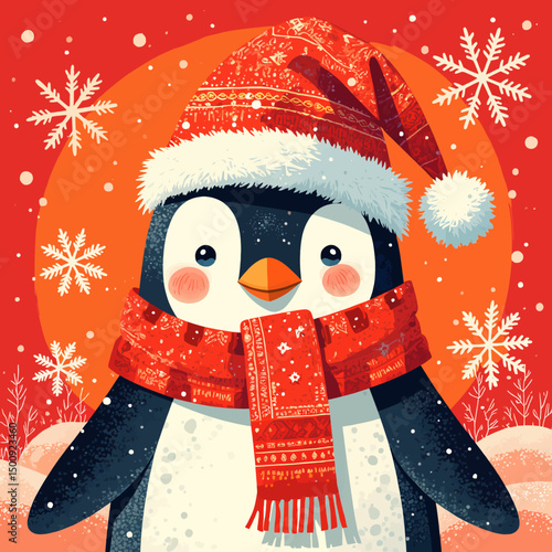 Penguin in Winter Gear Enjoying Snowy Season