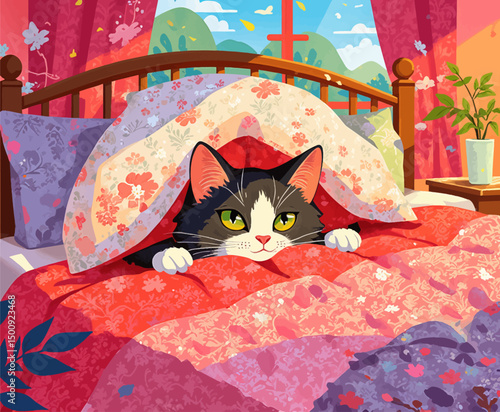 Playful Cat Peeking from Cozy Floral Bed in Dreamy Room