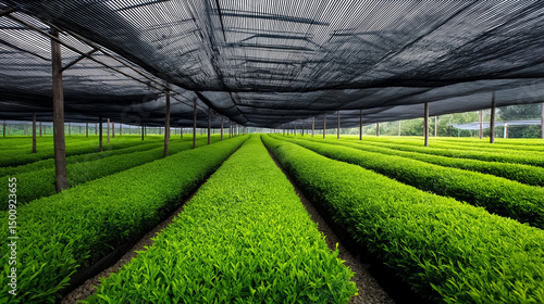 A wide view of a lush green tea plantation under black shade cloth, organized in perfect rows