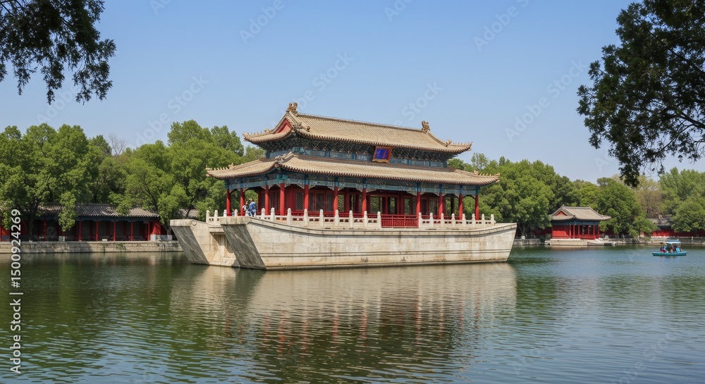 Fototapeta premium Scenic Photo of an Architectural Structure on a Lake with Reflection in Beijing China