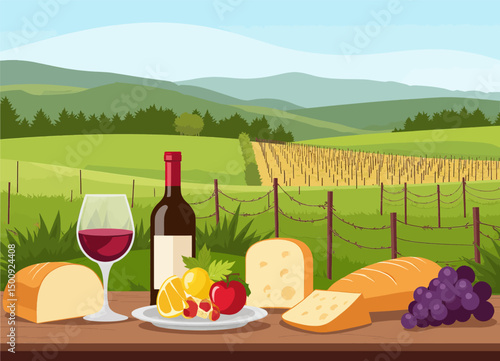 Rustic Vineyard Picnic with Wine and Cheese