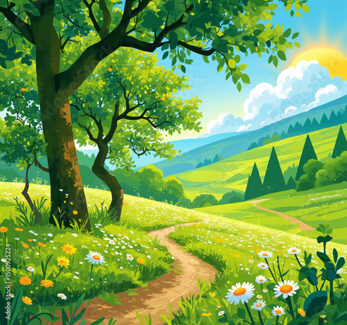 Serene Meadow Path in Spring with Wildflowers and Sunlight
