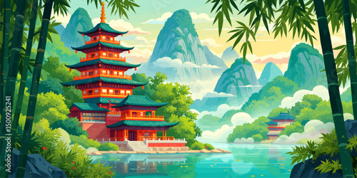 Serene Mountain Temple Amidst Lush Bamboo Forest