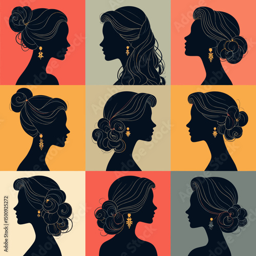 Silhouettes of Women with Elegant Hairstyles and Golden Earrings in Pastel Backgrounds
