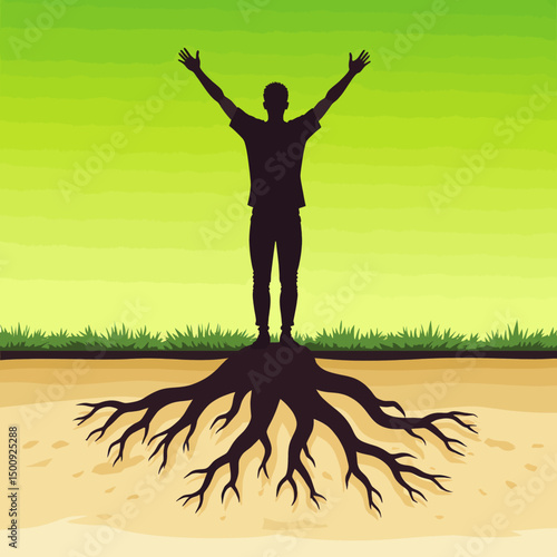 Silhouette of triumphant figure with deep roots in sandy soil, green grass, and vibrant sunset