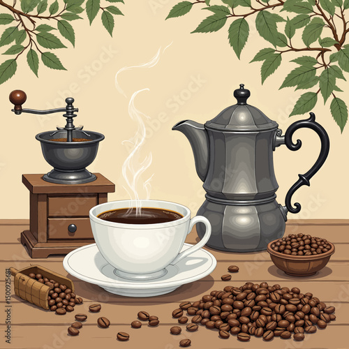 Steaming Coffee Pot with Fresh Beans and Grinder
