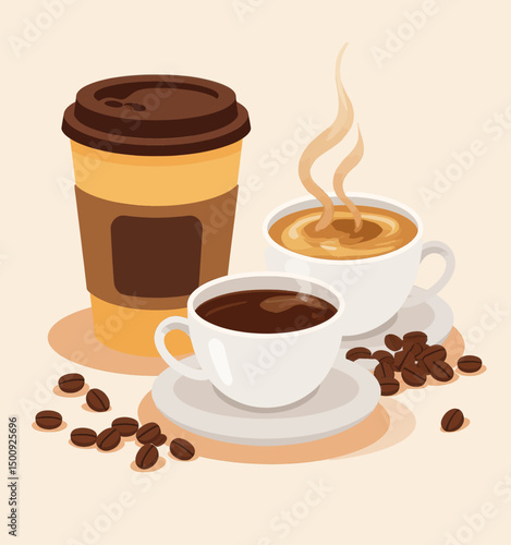 Steaming Coffee Cups and Beans in Cozy Morning Setting