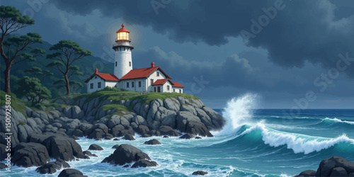 Stormy Seas and Lighthouse at Dusk