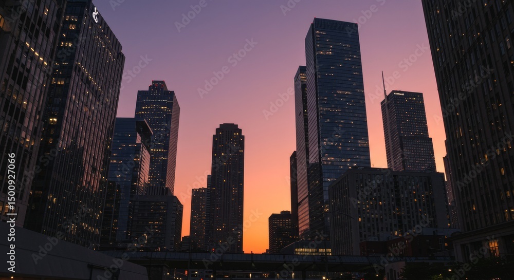 Fototapeta premium Cityscape Sunset Silhouette - Stunning silhouette of modern skyscrapers at sunset, vibrant colors in the sky